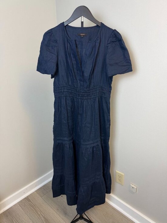 Quince Dresses & Skirts - Quince 100% European Linen Tiered Maxi Dress Navy Blue Puff Sleeve Sz S Altered